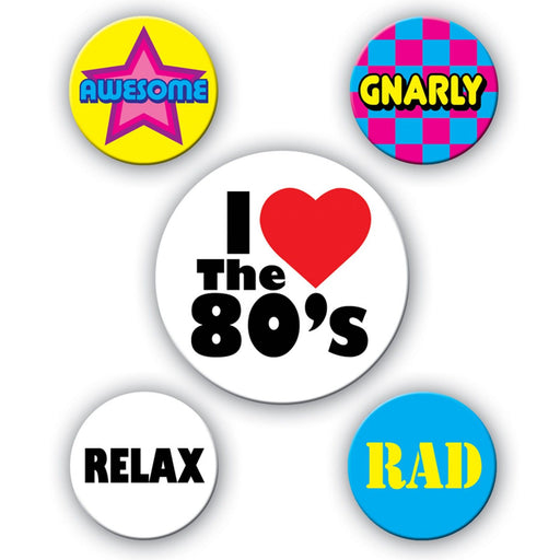 80's themed buttons featuring bright colors and bold fonts. Buttons include phrases: "AWESOME" on a yellow star background, "GNARLY" on a pink and blue checkerboard background, "RELAX" on a plain white background, "RAD" on a blue background, and a central button reading "I ♥ The 80's" in black and red on white background.