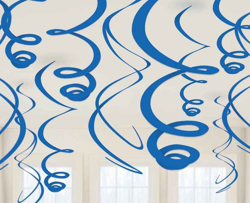 Blue foil swirl decorations hanging from the ceiling, featuring a mix of tightly coiled and loosely spiraled streamers – metallic finish adds shine and movement, perfect for birthdays, graduations, and party décor in any indoor setting.