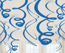 Blue foil swirl decorations hanging from the ceiling, featuring a mix of tightly coiled and loosely spiraled streamers – metallic finish adds shine and movement, perfect for birthdays, graduations, and party décor in any indoor setting.