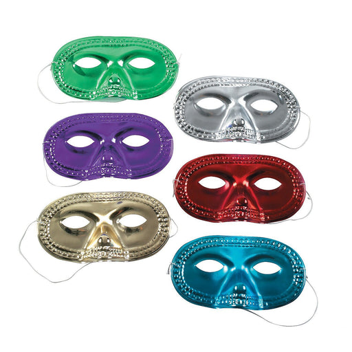Set of six shiny plastic masquerade-style eye masks in metallic colors: green, silver, purple, red, gold, and blue. Each mask has a smooth, glossy finish with raised detailing around the eye openings and outer edges. The masks are oval-shaped and include thin white elastic bands attached on either side for wearing.