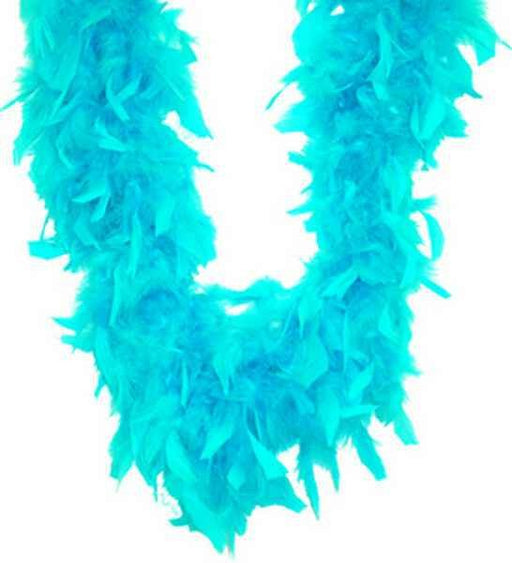 Bright turquoise feather boa with fluffy, layered feathers arranged along its length.