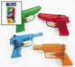 A set of colorful plastic squirt guns in green, red, blue, and orange, each with a translucent design and simple trigger mechanism for spraying water. These small water guns are perfect for playful activities and party favors. The top left corner of the image shows an example of the value pack packaging, which displays the squirt guns stacked in a clear plastic bag with a colorful header labeled "Value Pack."
