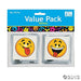 A value pack of temporary tattoos featuring yellow smiley faces with playful expressions. One tattoo shows a smiley face with a tongue sticking out and eyes looking up, while the other displays a wide open smile with a tongue out and raised eyebrows. The packaging is blue with colorful, cartoon-style decorations and labeled "Fun Express."