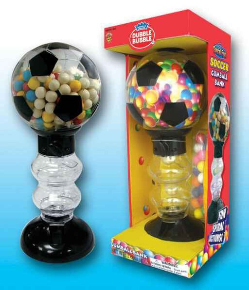 Soccer-themed gumball bank shaped like a soccer ball on top of a clear spiral base. The product is shown both unpackaged and in a colorful retail box labeled 'Dubble Bubble Soccer Gumball Bank' with assorted gumballs inside and a 'Fun Spiral Action!' graphic.