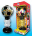 Soccer-themed gumball bank shaped like a soccer ball on top of a clear spiral base. The product is shown both unpackaged and in a colorful retail box labeled 'Dubble Bubble Soccer Gumball Bank' with assorted gumballs inside and a 'Fun Spiral Action!' graphic.