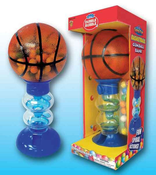 Basketball-themed gumball bank with a realistic basketball-patterned globe on top, clear spiral center, and blue base. Shown both unpackaged and in a Dubble Bubble retail box labeled 'Basketball Gumball Bank' with colorful gumballs and 'Fun Spiral Action!' text.