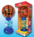 Basketball-themed gumball bank with a realistic basketball-patterned globe on top, clear spiral center, and blue base. Shown both unpackaged and in a Dubble Bubble retail box labeled 'Basketball Gumball Bank' with colorful gumballs and 'Fun Spiral Action!' text.