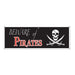 Rectangular black banner with the text 'BEWARE of PIRATES' in white and red, featuring a white skull and crossed swords graphic.