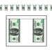 Decorative banner featuring green $100 bill flags strung along a line, with each flag depicting a realistic image of a U.S. $100 bill.