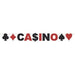 Alt text: Glittered casino banner featuring black and red glitter letters spelling out "CASINO" with a dollar sign ($) replacing the "S". The banner is bookended by the four playing card suits: club (black), diamond (red), spade (black), and heart (red).