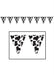 Black and white cow print pennant banner with triangular flags, each featuring irregular cow spots, strung together for decorative purposes.