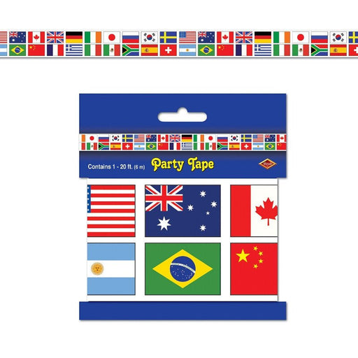 20 ft international flag party tape with blue 'Party Tape' packaging – features flags of the United States, United Kingdom, Australia, Canada, Japan, South Korea, China, Germany, France, Italy, Brazil, Mexico, Argentina, Spain, Sweden, Norway, India, Ireland, Switzerland, and South Africa – ideal for global events, classroom displays, and international-themed parties.