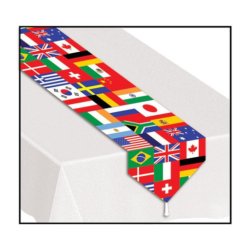 Table runner featuring a collage of international flags including the United States, United Kingdom, Canada, Brazil, China, Japan, South Korea, Germany, France, Italy, Australia, Spain, Sweden, Ireland, Switzerland, South Africa, Argentina, Greece, Nigeria, and the European Union – displayed on a white rectangular table with pointed tassel ends – perfect for multicultural events, global celebrations, and international-themed decor.