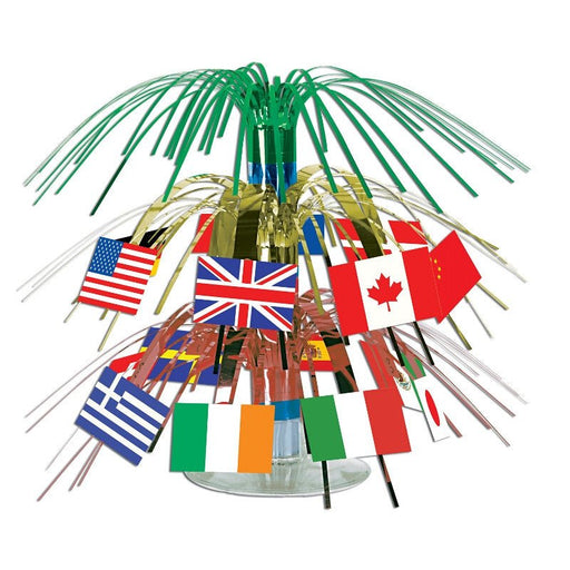 International flag centerpiece with green and gold foil spray and mini flags including the United States, United Kingdom, Canada, China, Japan, Germany, Italy, Ireland, Greece, and more – festive tabletop decoration ideal for multicultural parties, global events, and classroom celebrations.