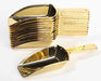 A set of 12 shiny gold scoops with flat handles, stacked together, with one scoop placed separately in front. Ideal for serving candy, snacks, or bulk food items at events or parties.