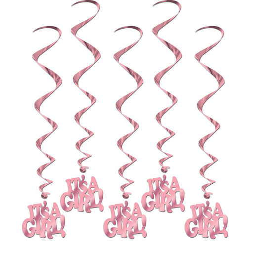 Set of five pink hanging swirl decorations with 'It's a Girl!' cutout attachments at the bottom, designed for baby shower celebrations.
