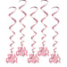 Set of five pink hanging swirl decorations with 'It's a Girl!' cutout attachments at the bottom, designed for baby shower celebrations.
