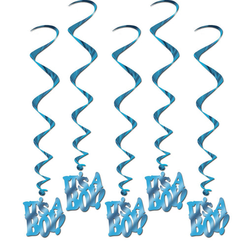 Blue hanging swirl decorations with "It's a Boy!" text at the bottom, used for baby boy baby shower celebrations.