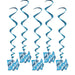 Blue hanging swirl decorations with "It's a Boy!" text at the bottom, used for baby boy baby shower celebrations.