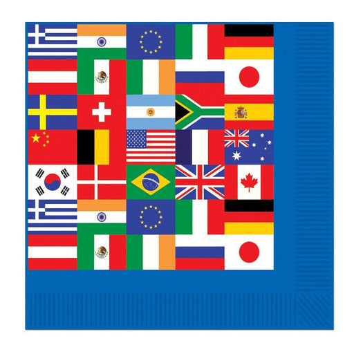Square paper napkin with a blue border and center collage of international flags including United States, United Kingdom, Canada, Brazil, China, Japan, South Korea, Germany, France, Italy, Spain, Greece, South Africa, Australia, Ireland, Switzerland, Mexico, Argentina, Sweden, Denmark, India, Nigeria, and the European Union – perfect for global-themed parties, multicultural events, and classroom celebrations.