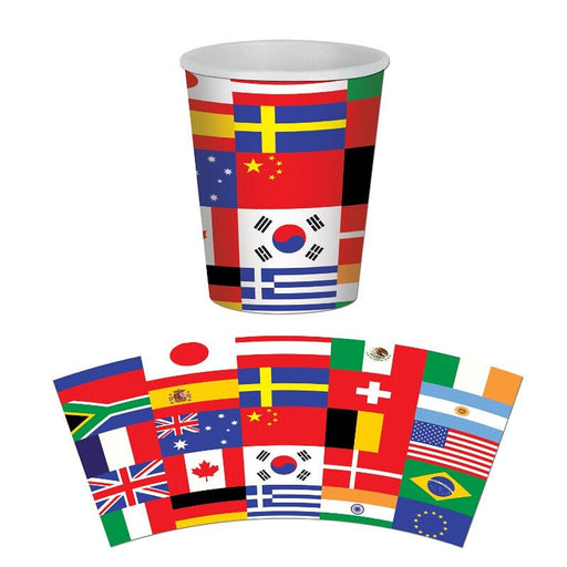 Paper party cup decorated with a collage of international flags including United States, United Kingdom, Canada, Japan, South Korea, China, Germany, France, Brazil, Sweden, Switzerland, South Africa, Italy, Greece, Argentina, Mexico, Ireland, Australia, Spain, and the European Union – ideal for global-themed events, school programs, and multicultural celebrations.