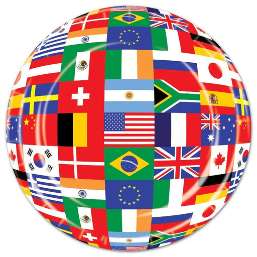 Round paper plate featuring a full-coverage collage of international flags including the United States, United Kingdom, Canada, Brazil, China, Japan, South Korea, Germany, France, Italy, Spain, Greece, South Africa, Australia, Ireland, Switzerland, Mexico, Argentina, Sweden, Belgium, India, and the European Union – ideal for multicultural parties, global events, and international classroom celebrations.