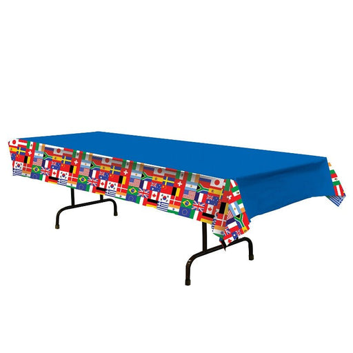 Plastic rectangular tablecloth with a solid blue top and international flag border featuring flags of the United States, United Kingdom, Canada, Brazil, China, Japan, South Korea, Germany, France, Italy, Mexico, Greece, Argentina, South Africa, Ireland, Sweden, Australia, Switzerland, Spain, and the European Union – perfect disposable table cover for global events, classroom activities, and international celebrations