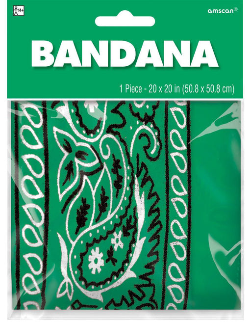 Packaged green bandana with a white and black paisley pattern, labeled 'Bandana' on a green header card.