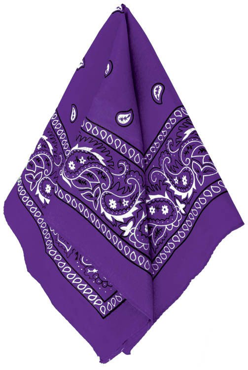 A purple bandana featuring a classic white paisley pattern design. The bandana is made of lightweight fabric and typically worn as a headband, neck scarf, or accessory for both fashion and functional use. The intricate design includes floral and teardrop-shaped motifs along the borders.