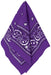 A purple bandana featuring a classic white paisley pattern design. The bandana is made of lightweight fabric and typically worn as a headband, neck scarf, or accessory for both fashion and functional use. The intricate design includes floral and teardrop-shaped motifs along the borders.