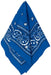 Blue bandana with a white and black paisley pattern, folded into a triangular shape.