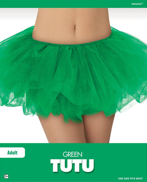 A bright green adult-sized tutu made of layered tulle fabric. The tutu has an elastic waistband for a snug fit and features a short, fluffy, and playful design, commonly worn for costumes, dance performances, fun runs, or themed parties. Packaging green with white letters.