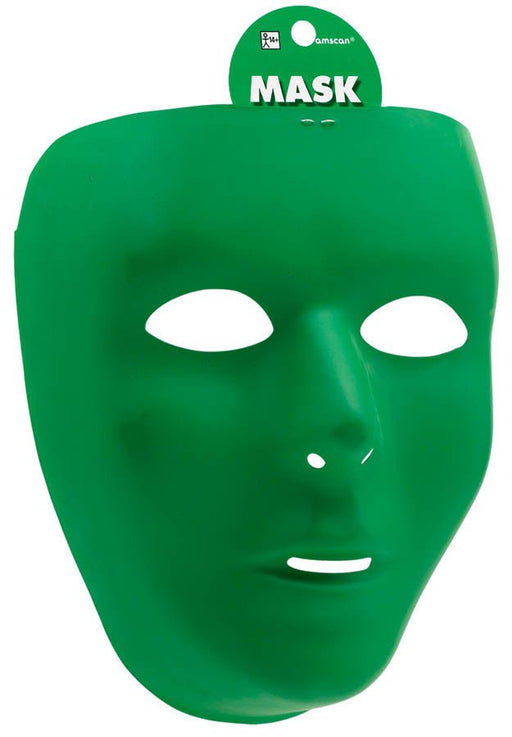A solid green plastic mask with cutouts for the eyes, nose, and mouth. The mask has a smooth, expressionless surface and is shaped to fit over the face, typically used for costumes, theater, or craft projects.