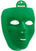 A solid green plastic mask with cutouts for the eyes, nose, and mouth. The mask has a smooth, expressionless surface and is shaped to fit over the face, typically used for costumes, theater, or craft projects.