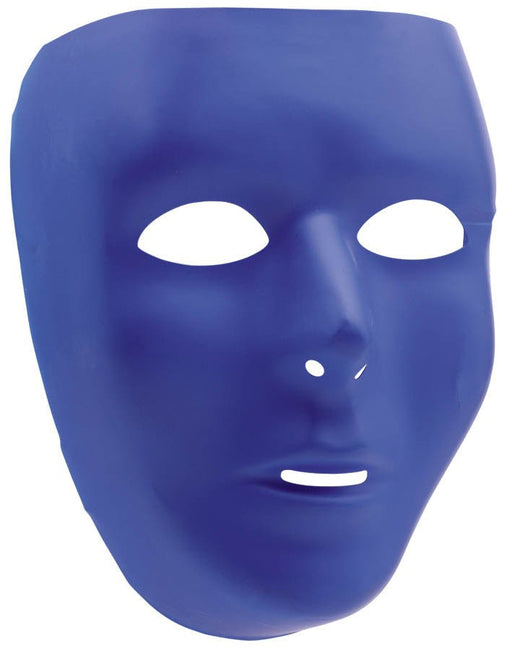 A solid royal blue plastic mask with cutouts for the eyes, nose, and mouth. The mask has a smooth, expressionless surface and is shaped to fit over the face, typically used for costumes, theater, or craft projects.