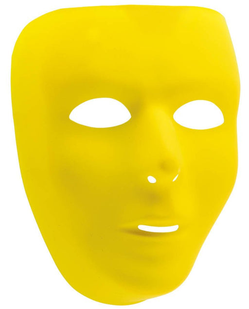 A solid yellow plastic mask with cutouts for the eyes, nose, and mouth. The mask has a smooth, expressionless surface and is shaped to fit over the face, typically used for costumes, theater, or craft projects.