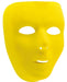 A solid yellow plastic mask with cutouts for the eyes, nose, and mouth. The mask has a smooth, expressionless surface and is shaped to fit over the face, typically used for costumes, theater, or craft projects.