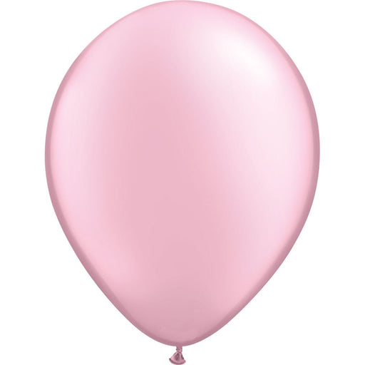 Inflated pearl pink balloon with a tied end on a white background.