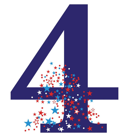 A large dark blue number '4' with red, white, and blue stars and dots clustered around the center and base, giving it a festive, patriotic look.