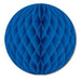 Round blue honeycomb tissue paper decoration with a diamond lattice pattern, fully expanded and displayed against a white background.