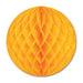 Round orange honeycomb tissue paper decoration with a diamond lattice pattern, fully expanded and displayed against a white background.