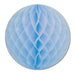 Round light blue honeycomb tissue paper decoration with a diamond lattice pattern, fully expanded and displayed against a white background.
