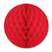 Round red honeycomb tissue paper decoration with a diamond lattice pattern, fully expanded and displayed against a white background.