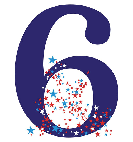 A large dark blue number '6' adorned with a cluster of red, white, and blue stars and dots concentrated around the inner and lower sections.