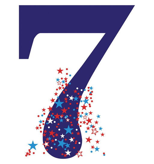 A large dark blue number '7' with a festive cluster of red, white, and blue stars and dots concentrated around the lower diagonal stroke.
