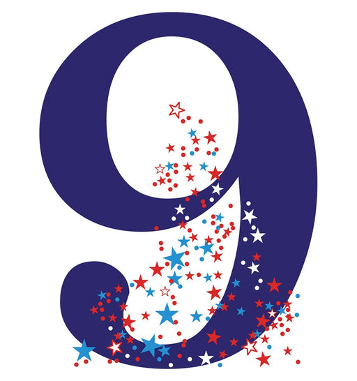 A large dark blue number '9' featuring a festive cluster of red, white, and blue stars and dots gathered around the lower curve and inner loop.
