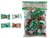 Bag of Party Sweets peppermint creams with football-themed wrappers – features a clear window and green label with 'Party Sweets' branding, filled with individually wrapped candies in green, white, and brown foil printed with footballs and playbook graphics – four wrapped candies are shown on the left side for detail – perfect for game day treats, sports parties, and tailgate candy bowls
