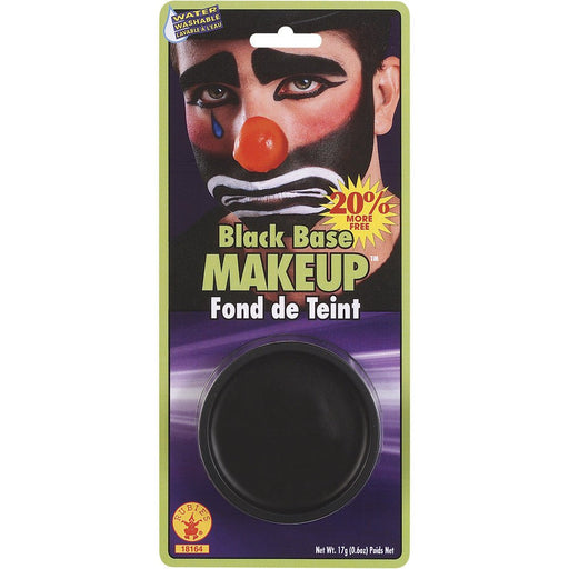 A packaged container of black base makeup, designed for creating bold, dramatic face paint looks. The packaging features an image of a clown with black makeup accents around the eyes and mouth, highlighting its use for costumes and theatrical purposes. The makeup is water washable and ideal for Halloween, performances, or themed events.