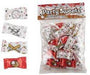 Bag of Party Sweets peppermint creams in baseball-themed wrappers – clear packaging with red and white 'Party Sweets' label, filled with individually wrapped candies in white and red foil printed with baseballs, bats, gloves, and 'Grand Slam' designs – four sample candies shown on the left with assorted sporty prints – perfect for baseball parties, team events, and sports-themed candy displays.