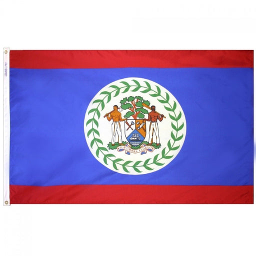 The flag of Belize features a blue field with narrow red stripes at the top and bottom. In the center is a white circle with a green wreath of 50 leaves surrounding the national coat of arms, which includes two men, tools, and a shield with a ship.